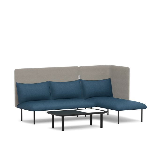Modern blue sectional sofa with chaise and attached grey back cushions with a black coffee (Dark Blue-Gray)