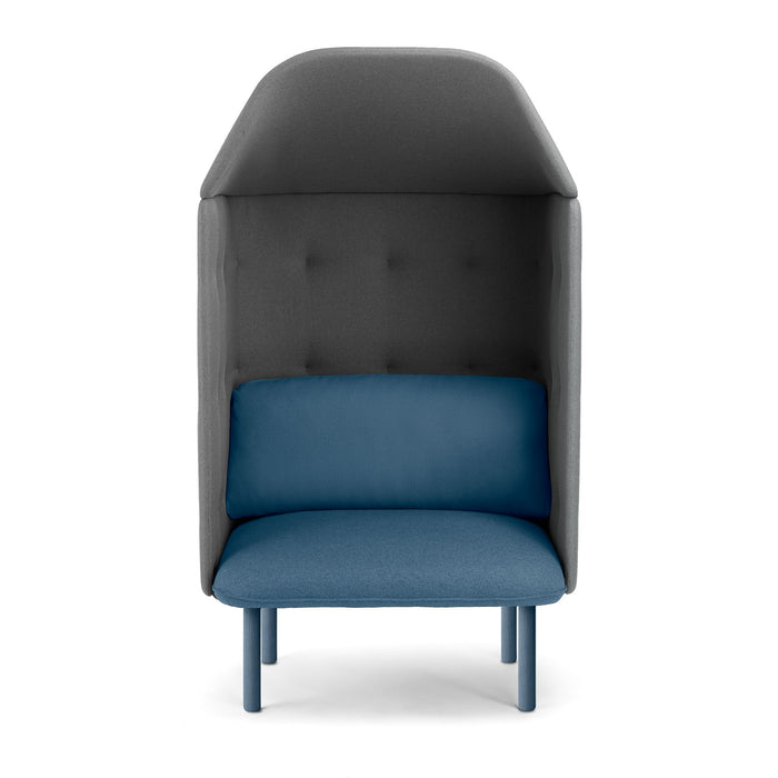 Modern privacy pod chair with gray exterior and blue cushion on white background. (Dark Blue-Dark Gray)