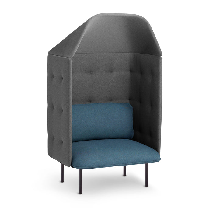 Modern high-back privacy chair in gray with blue cushions on white background. (Dark Blue-Dark Gray)