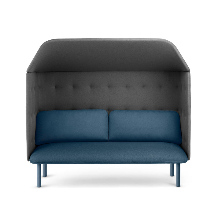 Modern charcoal gray two-seater sofa with blue cushions on a white background. (Dark Blue-Dark Gray)