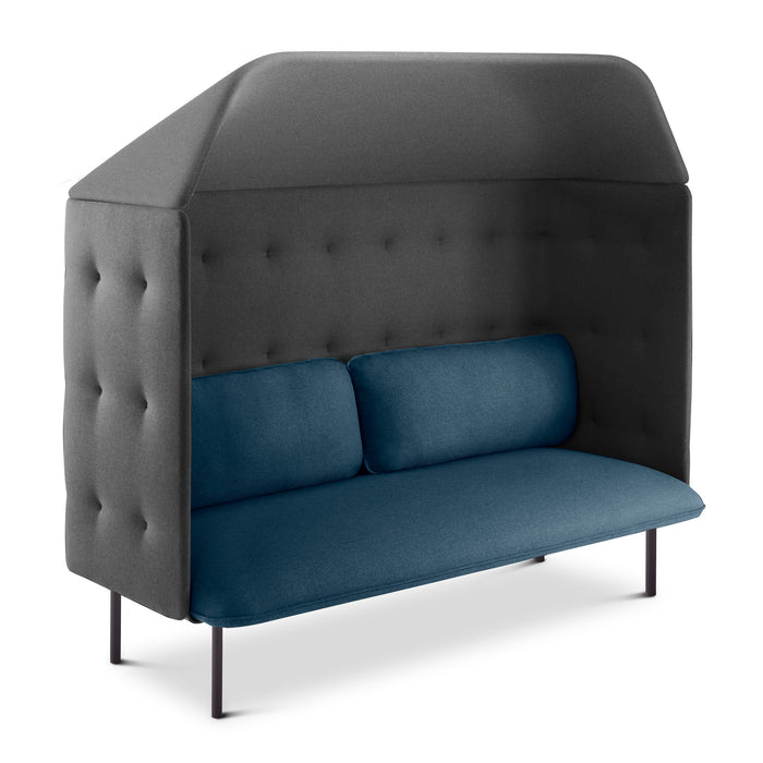 Dark gray privacy sofa with blue cushions on white background. (Dark Blue-Dark Gray)