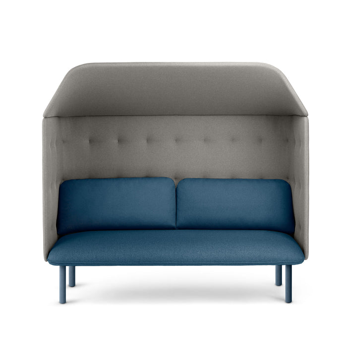 Modern blue tufted two-seater sofa with grey privacy high-back on white background. (Dark Blue-Gray)