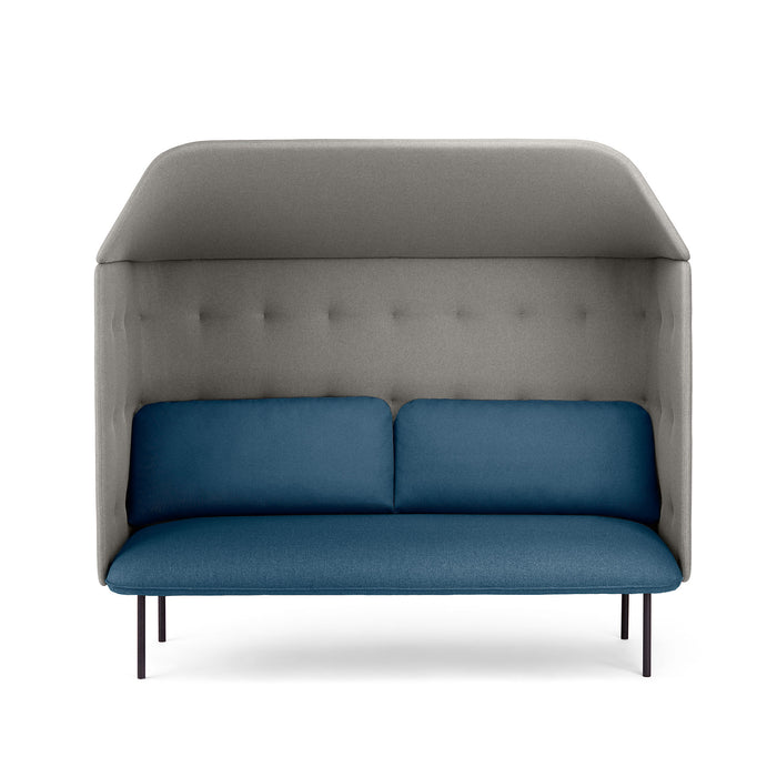 Modern blue two-seater sofa with grey tufted backrest and sleek metal legs on a white background. (Dark Blue-Gray)