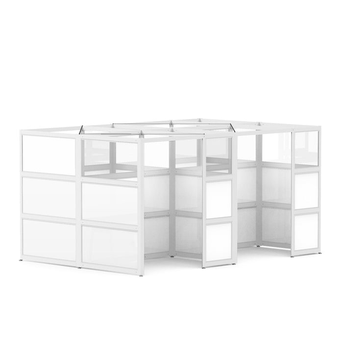 Modular white office cubicles with glass partitions on a white background. (White-Private-4)