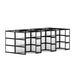 Black modular cube shelving unit with some compartments filled with white boxes on a white background. (Black-Semi-Private-6)