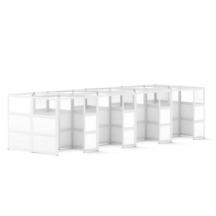 White modular office cubicles with desks on a light background. (White-Private-8)