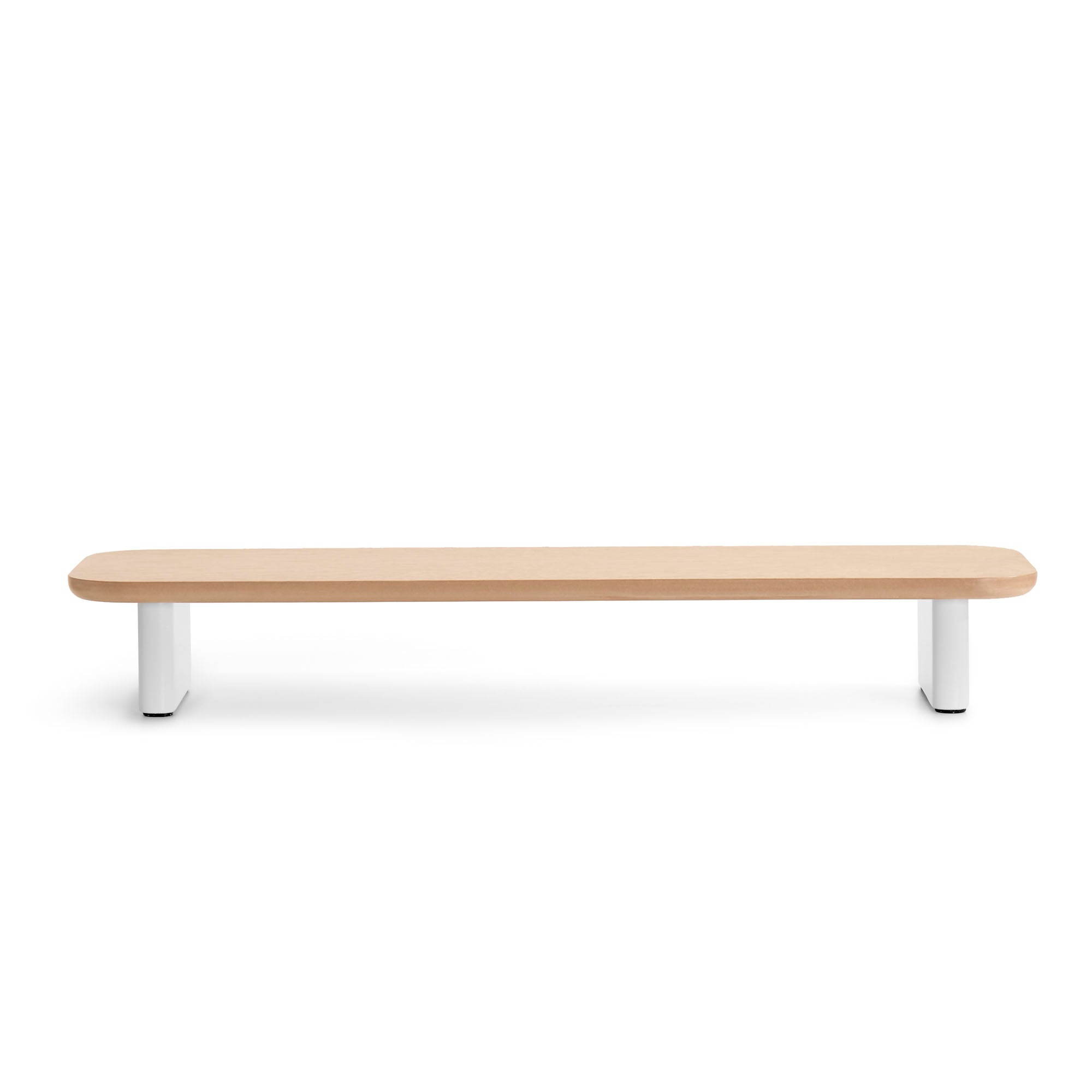 Modern minimalist wooden bench with white legs on a white background. (Natural Oak)