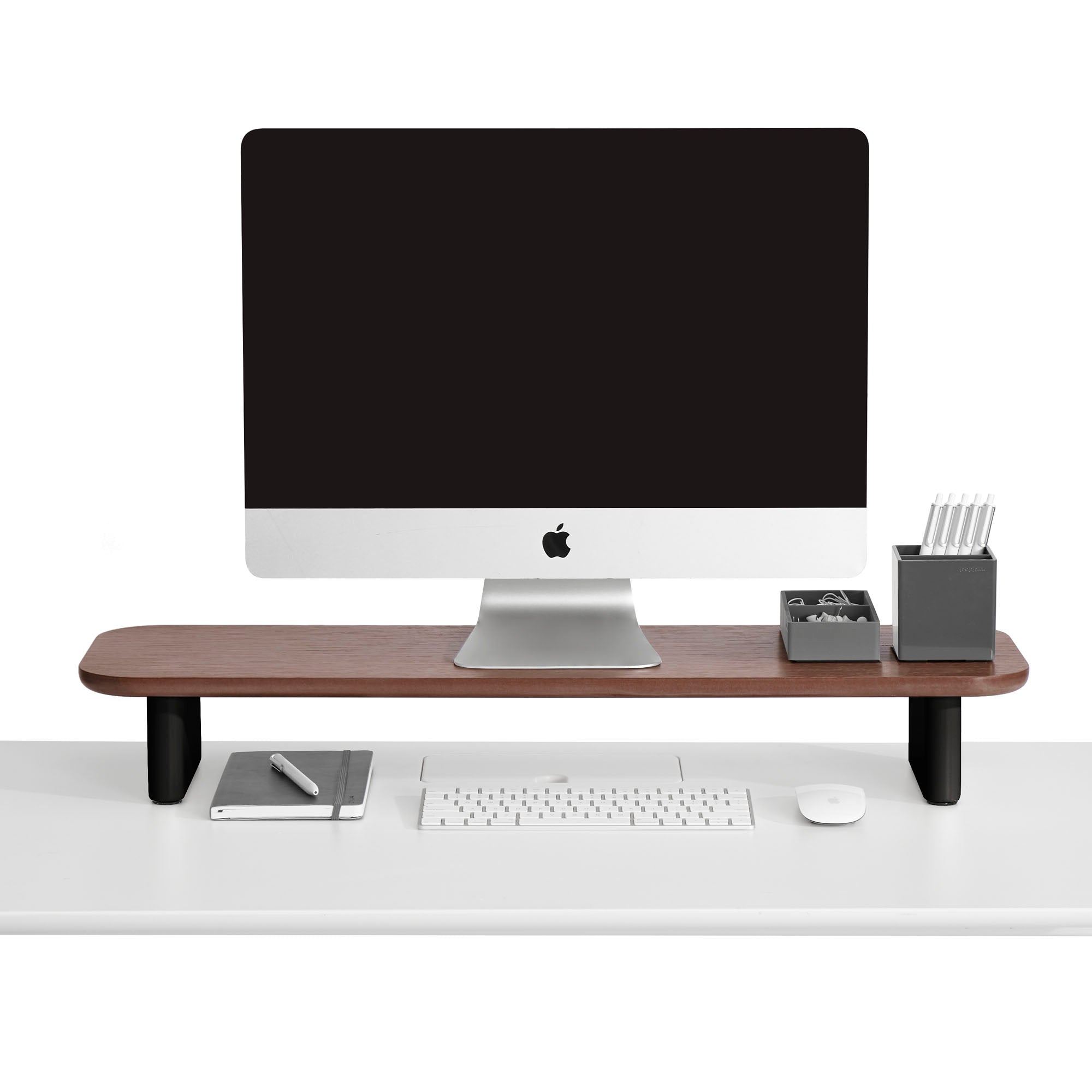 Modern wooden bench with black legs on white background. (Walnut)