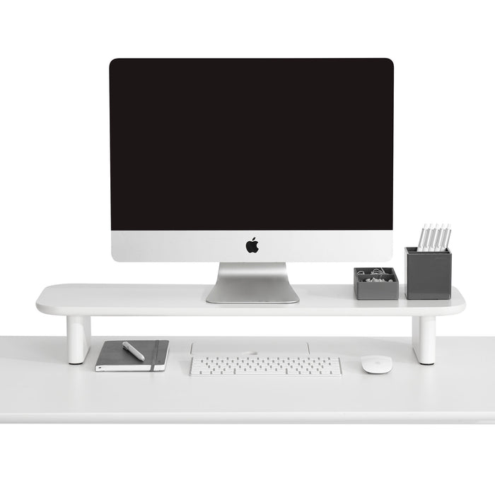Apple iMac on desk with keyboard, mouse, smartphone, and stationery holder (White)