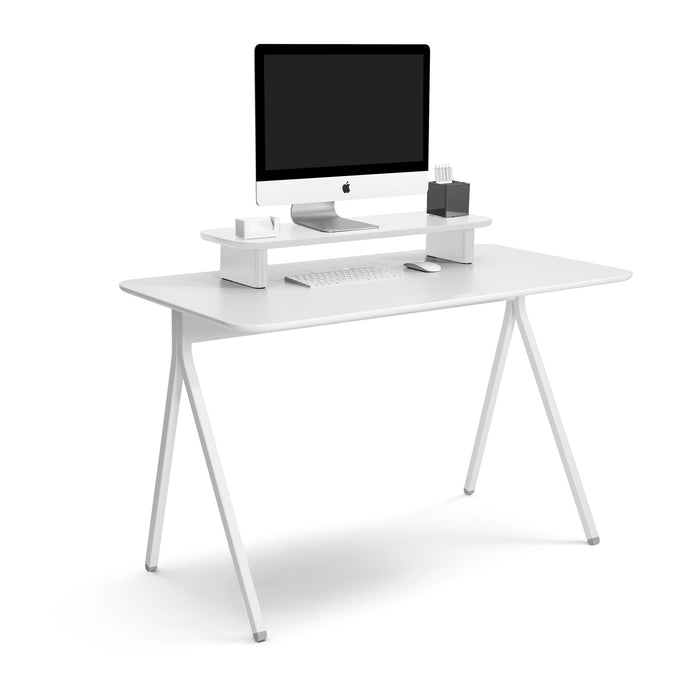 Minimalist home office setup with modern computer and accessories on white desk. (White)
