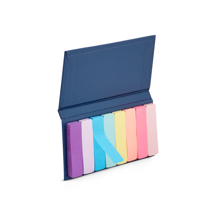 Colorful adhesive sticky note tabs in a blue holder on a white background. (Assorted)