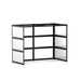 Black modular corner shelf unit with white shelves on a white background. (Black-Private-White Glass)