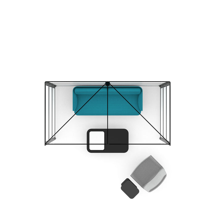 Top view of a minimalist living room setup with a blue sofa and black coffee tables. (Black-Private-White Glass)