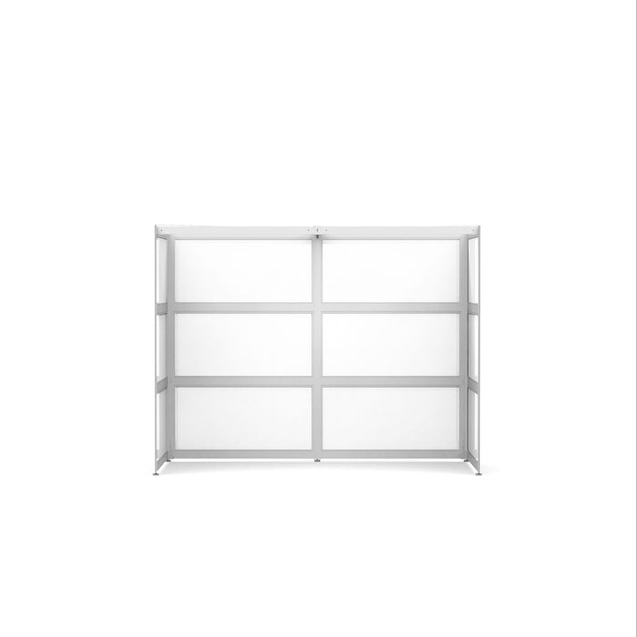 Modern minimalist white bookshelf empty against a clean background. (White-Private-White Glass)