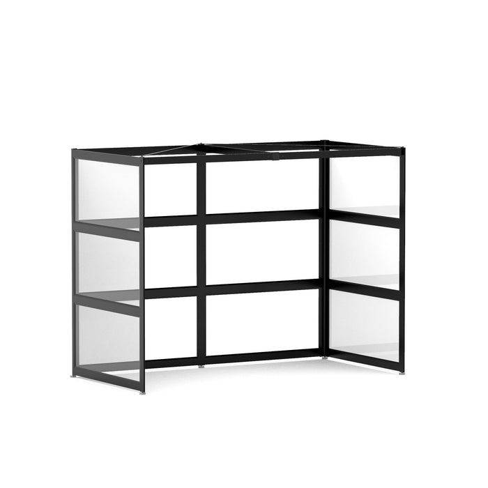 Black modular metal shelving unit with transparent shelves on white background. (Black-Semi-Private-White Glass)