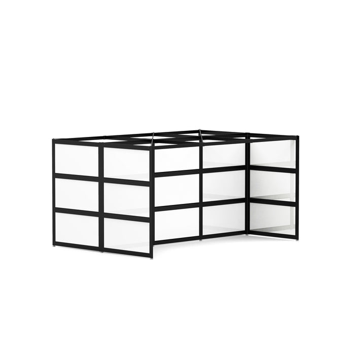 Modern black modular shelving unit with white panels on isolated background. (Black-Private-White Glass)