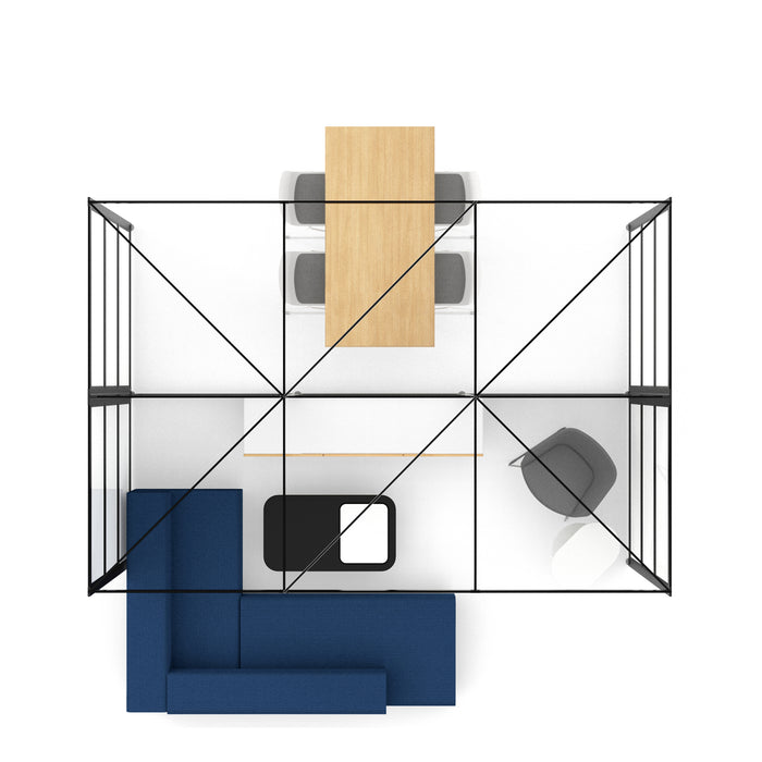 Top view of a modern living room layout with sofa and coffee table. (Black-Private-White Glass)