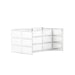 White modular shelving unit with canvas bins against a white background. (White-Private-White Glass)