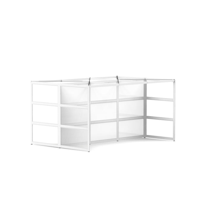 White modular shelving unit on a white background. (White-Semi-Private-White Glass)