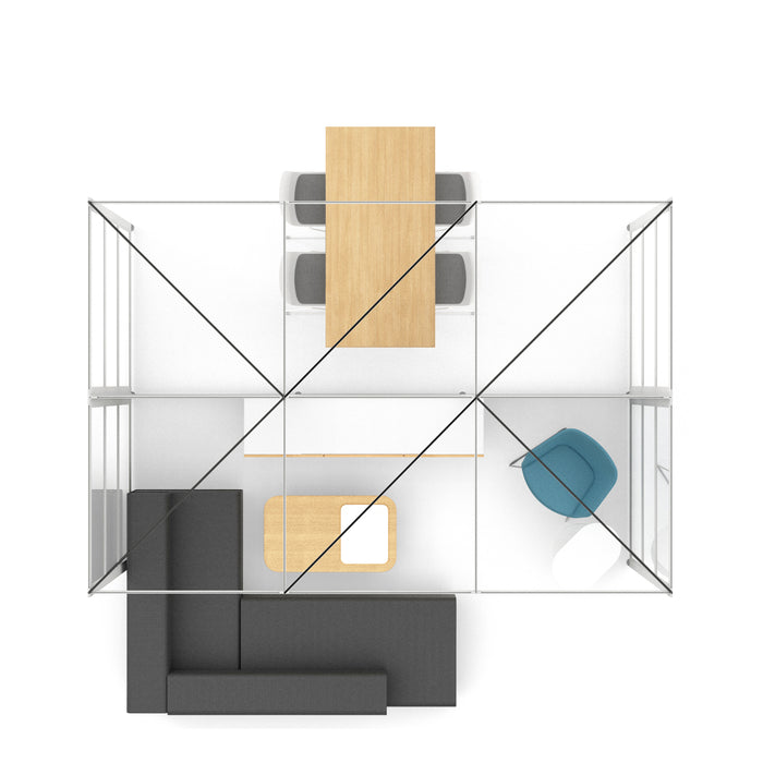 Top view of a modern living room layout with furniture and glass walls. (White-Semi-Private-White Glass)