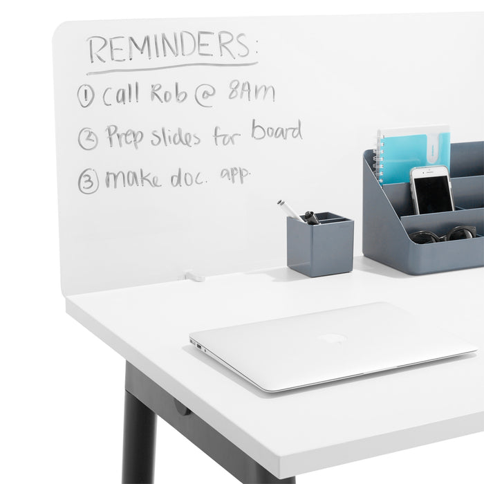 Modern office desk with whiteboard reminders, laptop, smartphone, and stationery organizer. (45&quot;)(55&quot;)