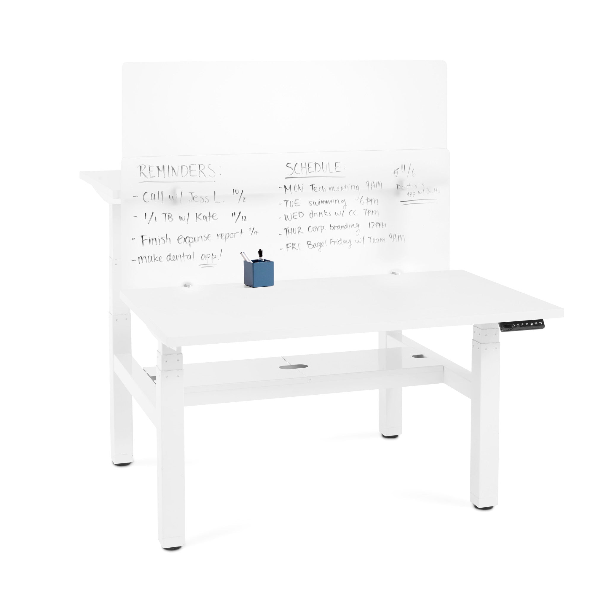 White modern desk with a whiteboard, markers, and an eraser with handwritten schedule. (45&quot;)(55&quot;)