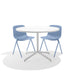 Round white table with two blue chairs on a white background. (Sky)