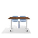 Wooden office table with two blue chairs on white background. (Sky)