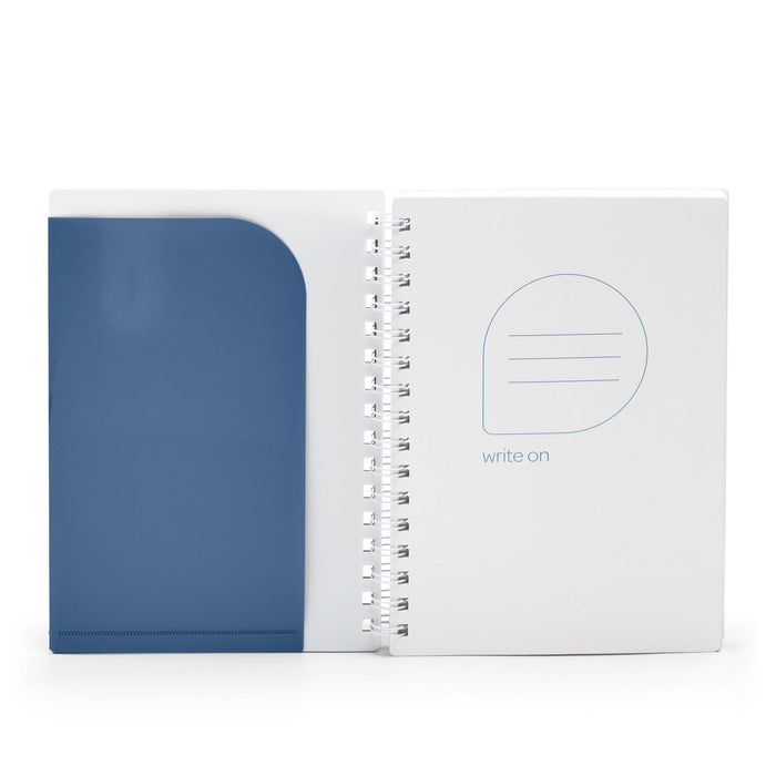 Spiral notebook with blue cover and "write on" text isolated on white (Slate Blue)