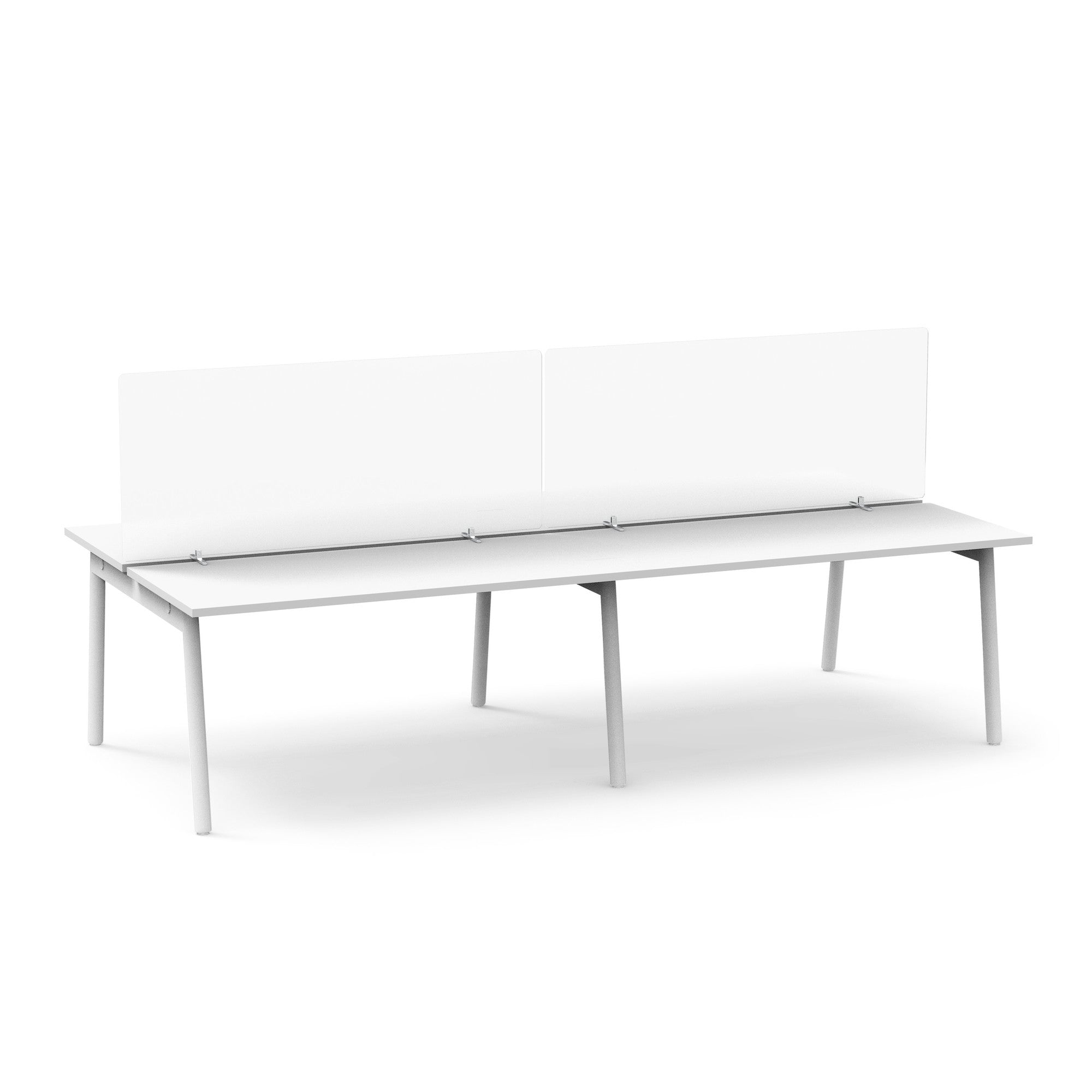 Modern white office bench desk with privacy panels on a white background. (55&quot;)