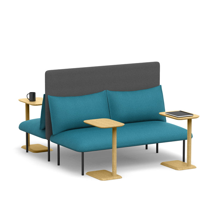 Modern blue and gray office sofa with wooden armrests, cup of coffee, and tablet on side tables. (Teal-Dark Gray)