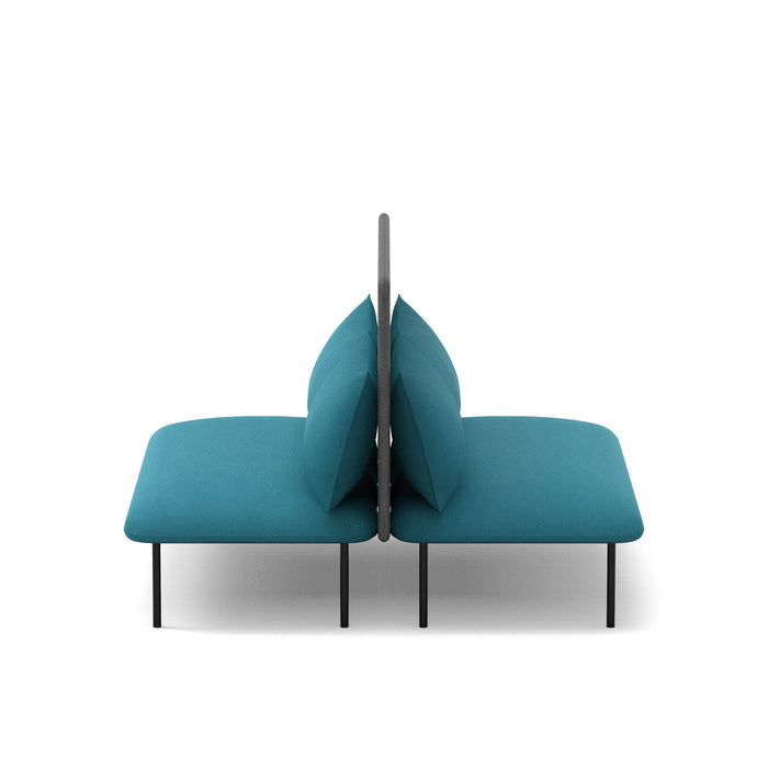 Modern blue fabric sofa with cushions and metal legs isolated on a white background. (Teal-Dark Gray)