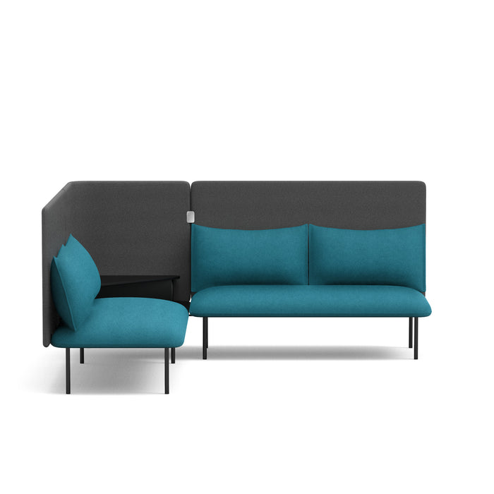 Modern blue and black sofa with cushions on white background. (Teal-Dark Gray)