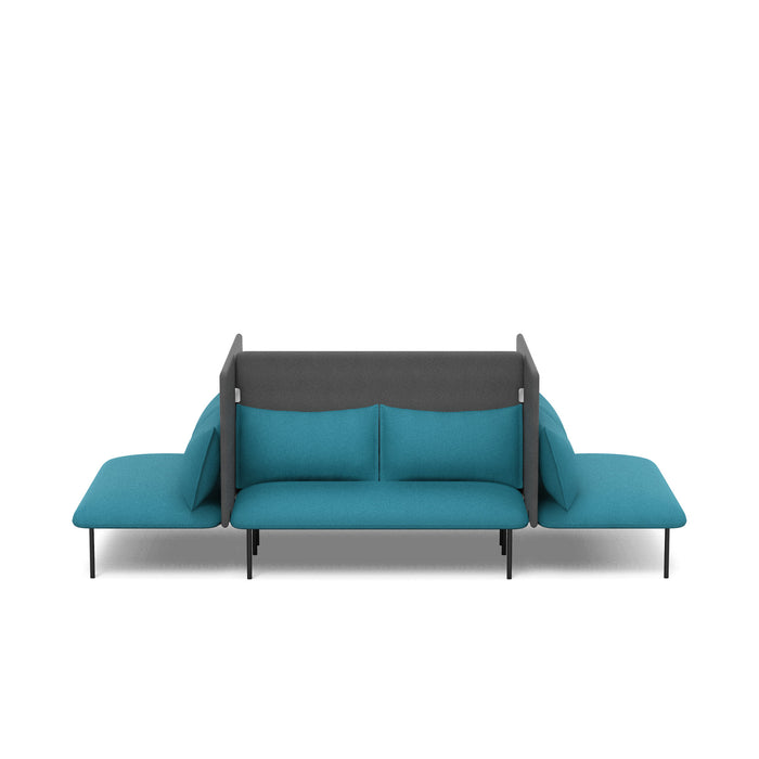 Modern blue fabric sofa with black metal frame isolated on white background. (Teal-Dark Gray)