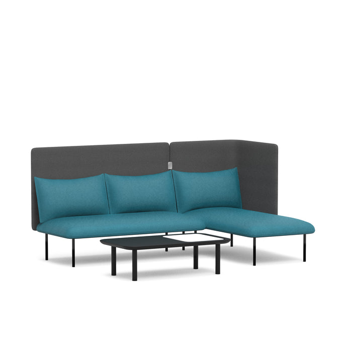 Modern L-shaped sofa with turquoise cushions and attached black table on white background. (Teal-Dark Gray)