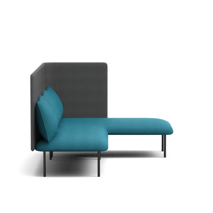 Modern blue chaise lounge with grey headrest and cushion on white background. (Teal-Dark Gray)