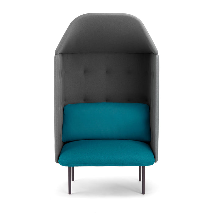 Modern high-back armchair with blue cushion and gray cover on white background. (Teal-Dark Gray)