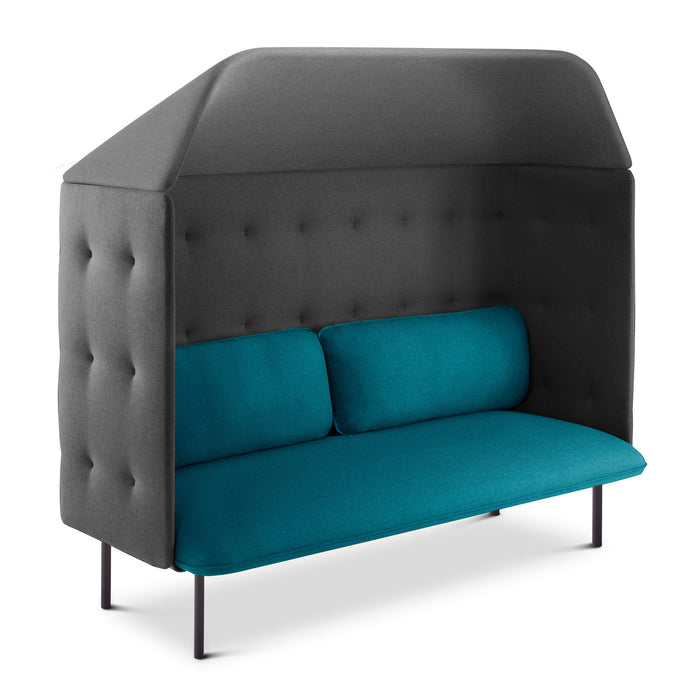 "Modern privacy booth sofa with gray backrest and vibrant teal cushions on white background." (Teal-Dark Gray)