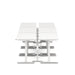 Modern dual sit-stand desks with white tabletops and silver frames on a white background. (White-150&quot;)
