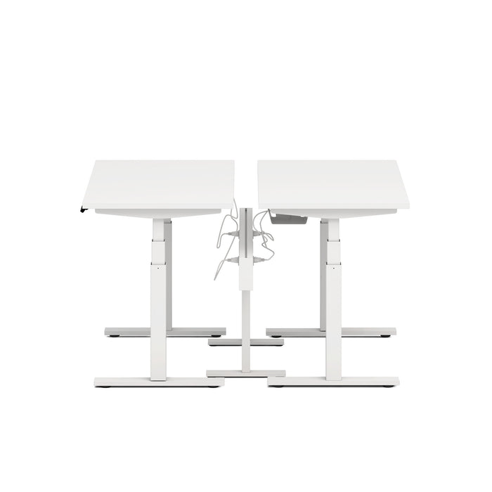 Dual white adjustable height standing desks with cable management on white background (White-50&quot;)