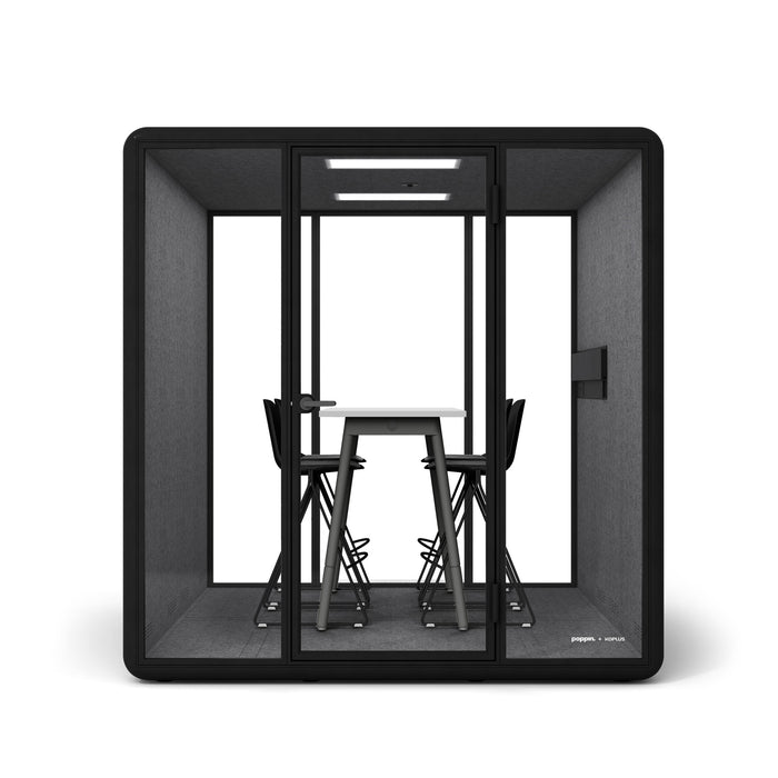 Modern office pod with black frame, table, and two chairs on white background (Black)