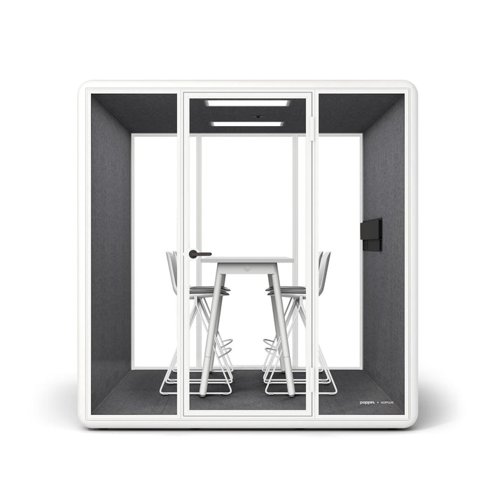 Modern white office pod with desk and chair on white background. (White)