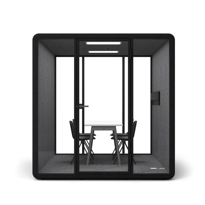 Modern black frame glass phone booth with table and chairs on white background. (Black)