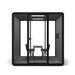 Modern black frame glass phone booth with table and chairs on white background. (Black)
