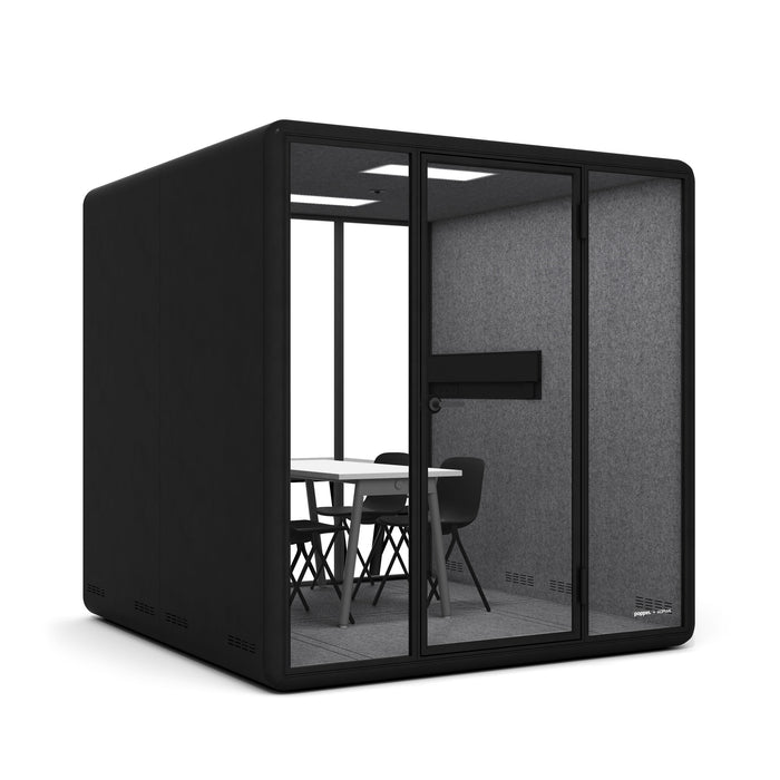 Modern black office pod with a desk and chair on a white background. (Black)