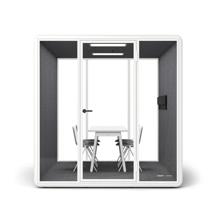 Modern soundproof office booth with white exterior, chairs, and desk. (White)