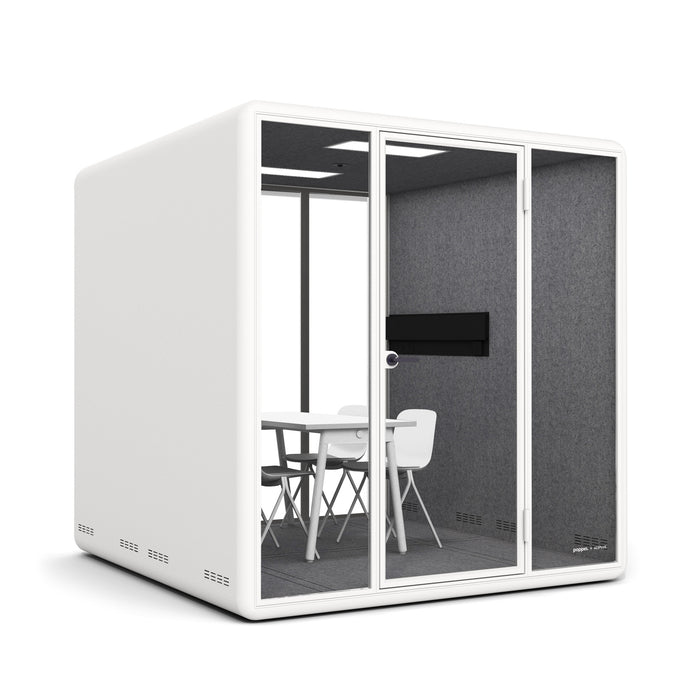 Modern office pod with table and chairs and integrated monitor on white background. (White)