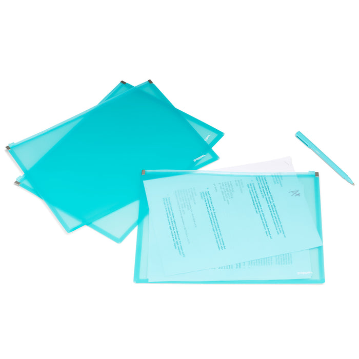 Blue transparent document folders with papers and pen on white background. (Aqua)