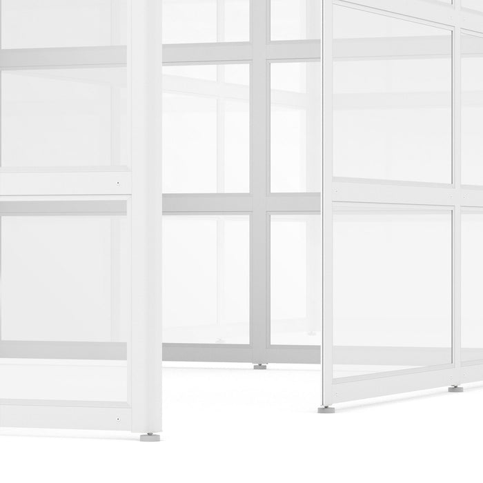 White modern office cubicle partitions in a bright workspace. (White-Open-Clear Glass)