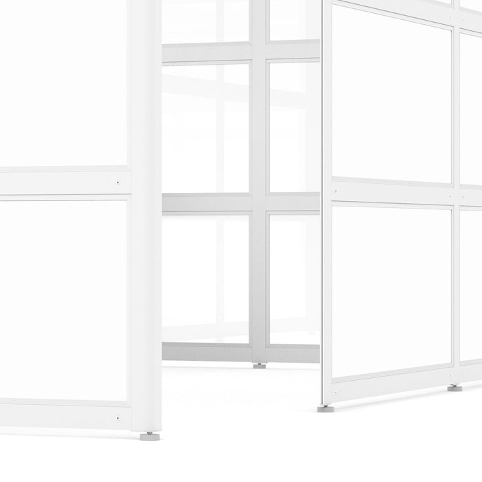 Modern white office cubicles with glass partitions on a clear background. (White-Private-White Glass)(White-Semi-Private-White Glass)